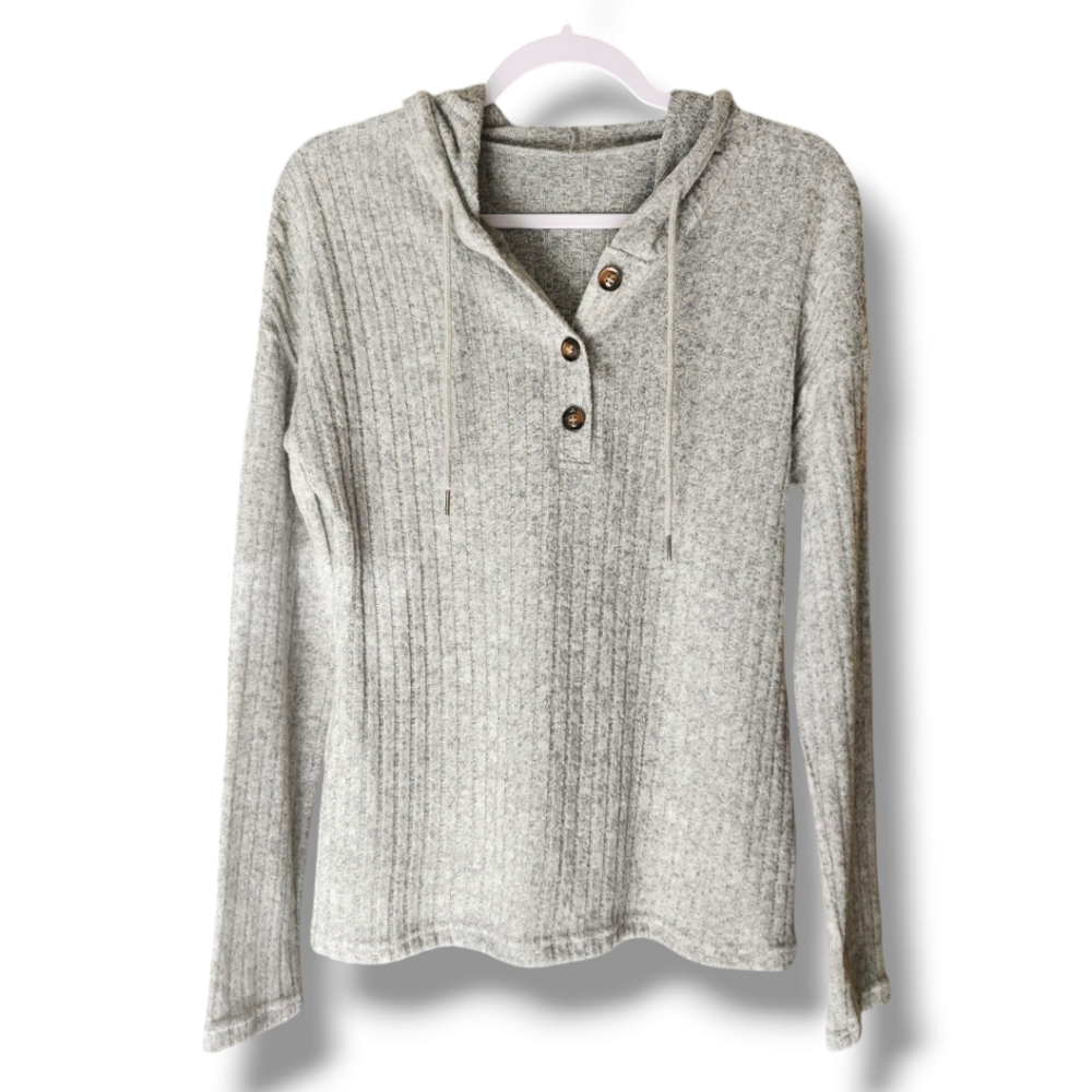 Gray Ribbed Hoodie with Buttons